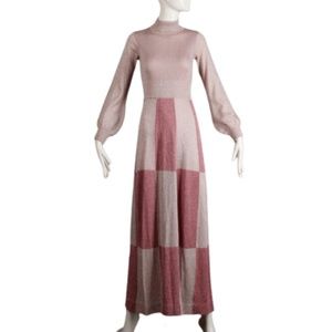 Vtg 70s Wenjilli Metallic Checked Maxi Dress 4-6